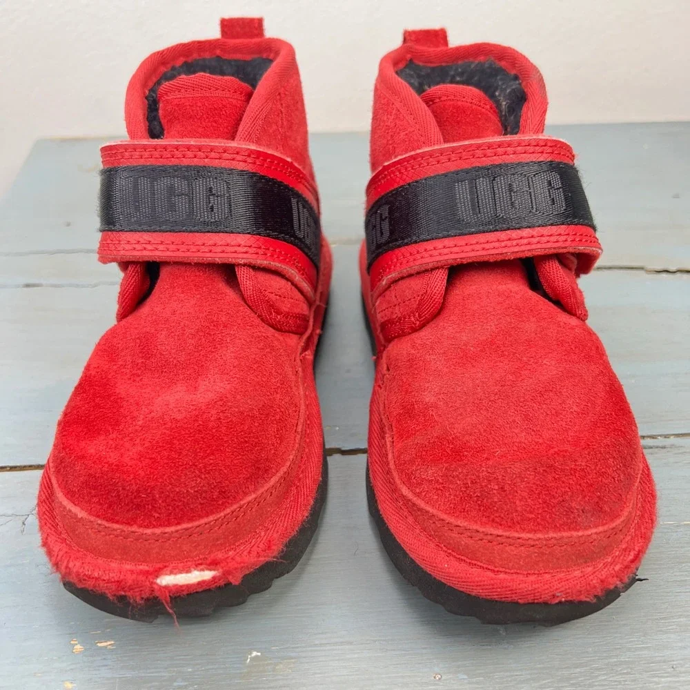 UGG Neumel II Graphic Strap Red Suede Kids Boots Size 11 girls